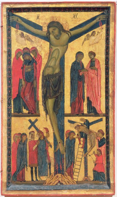 La crucifixión con mujeres santas, dolientes, Cristo en el camino al Calvario y la deposición, panel derecho de un díptico de Bonaventura Berlinghieri