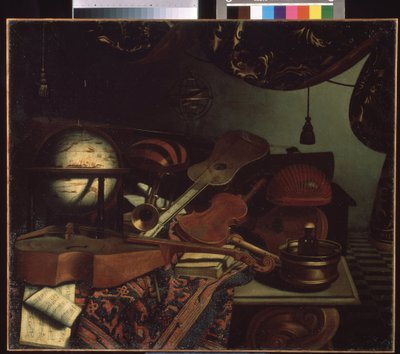 "Nature morte aux instruments de musique" (Naturaleza muerta con instrumentos musicales) Globo, flauta, partición, viole, guitare. Pintura de Bonaventura Bettera (1663-1718) 1715 Museo Pouchkine, Moscú de Bonaventura Bettera