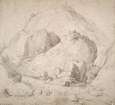 Paisaje montañoso con figura a caballo en primer plano de Bonaventura Peeters