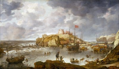El puerto de Arcángel (Rusia), parcialmente helado, con un buque de bandera danesa de Bonaventura Peeters