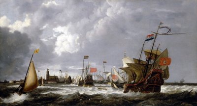 Los barcos "Hércules" y "Eenhorn", frente a la costa de Hoorn (Holanda), con una descripción de la ciudad en el horizonte. Óleo sobre lienzo de Bonaventura Peeters