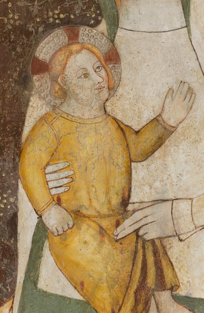 Transepto norte, Altar de San Miguel Arcángel, Detrás del retablo los frescos de Bonifacio Bembo, Virgen y Niño, (detalle) de Bonifacio Bembo