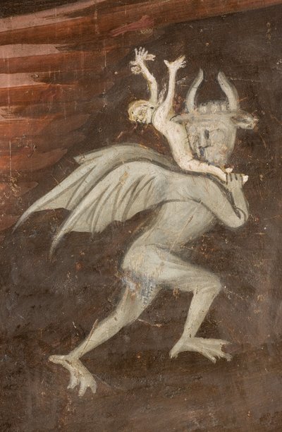 Transepto Norte, Altar de San Miguel Arcángel, detrás del retablo los frescos de Bonifacio Bembo, Arcángel Miguel con Libra expulsando al Mal, (detalle) de Bonifacio Bembo