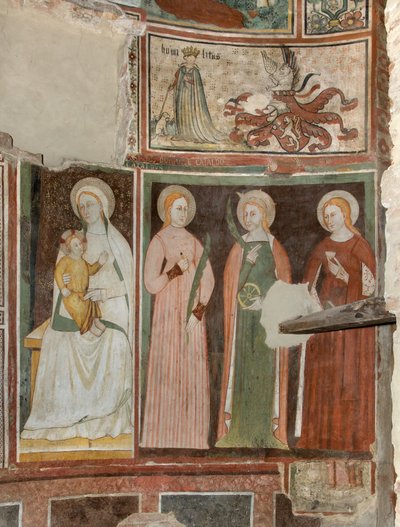 Transepto Norte, Altar de San Miguel Arcángel, detrás del retablo los frescos de Bonifacio Bembo, Virgen y Niño Santa Aquilina y Santa Catalina de Alejandría, Arriba símbolo de Humilitas de Bonifacio Bembo