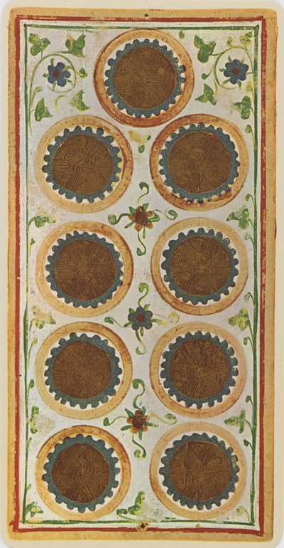 El Nueve de Oros, facsímil de una carta del tarot del mazo 