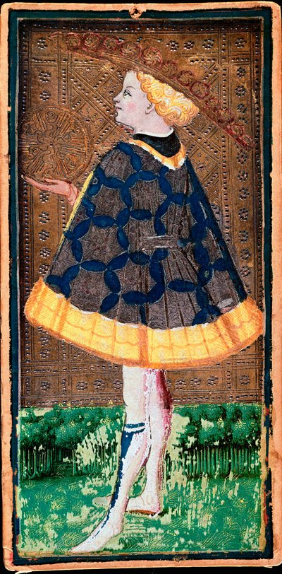 Carta del Valet de denier. Mapa del juego de Tarot hecho por Bonifacio Bembo (1420-1482) para Filippo Maria Visconti, alrededor de 1440. Bérgamo. Galleria dell