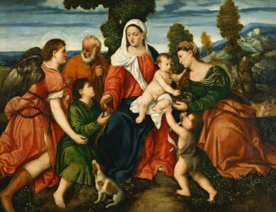 La Sagrada Familia con Tobías y el ángel, Santa Dorotea, Giovannino y el milagro del maíz al fondo de Bonifazio Veronese