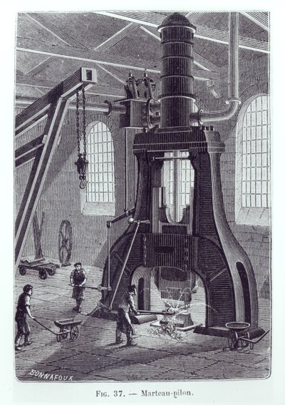 El martillo de poder de Le Creusot, ilustración para un libro sobre máquinas industriales, c. 1880 de Bonnafoux