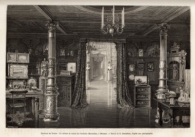 El gabinete de trabajo del Archiduque de Austria Maximiliano (1832-1867), en el castillo de Miramar, que mandó construir en las cercanías de Trieste, desde 1857, cuando fue proclamado vice rey del reino de Lombardía y Véneto, grabado por B. Bonnafoux ilust de Bonnafoux Bonnafoux
