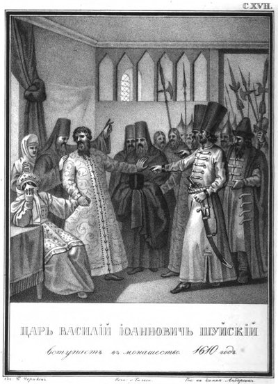 Consagración monástica del zar Vasili Ivanovich Shuisky, 1610 De Karamzin Ilustrado, 1836 de Boris Artemyevich Chorikov