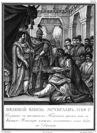 Mstislav I nombró a Rogvolod Príncipe de Polotsk. 1128 De Karamzin Ilustrado, 1836 de Boris Artemyevich Chorikov