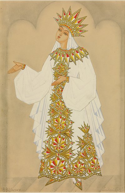 Diseño de vestuario para Ludmila de la ópera "Ruslan y Ludmila" (gouache, realzado con oro) de Boris Bilinsky