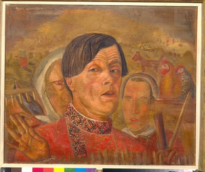 Autorretrato con el gallo y la gallina (Autorretrato con el gallo y la gallina) - Pintura de Boris Dmitrievich Grigoriev (1886-1939), hacia 1924 - Óleo sobre lienzo - Medidas: 60,4 x 73,5 cm - Colección privada de Boris Dmitrievich Grigoriev