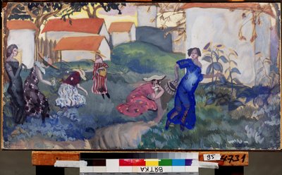 El verano. Mujeres corriendo y jugando en un jardín frente a las casas. Obra de Boris Dmitryevich Grigoriev (1886-1939), acuarela y gouache sobre papel de Boris Dmitrievich Grigoriev
