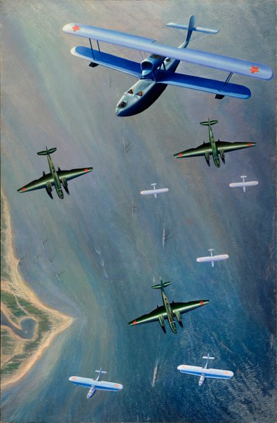 Hidroaviones - Pintura de Boris Ivanovich Tsvetkov (1895- hacia 1940), óleo sobre lienzo de Boris Ivanovich Tsvetkov