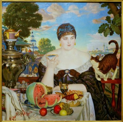 Esposa del comerciante tomando té de Boris Mikhailovich Kustodiev