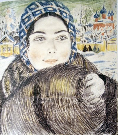 La esposa de un joven comerciante con un pañuelo a cuadros par Kustodiev, Boris Michaylovich (1878-1927) de Boris Mikhailovich Kustodiev