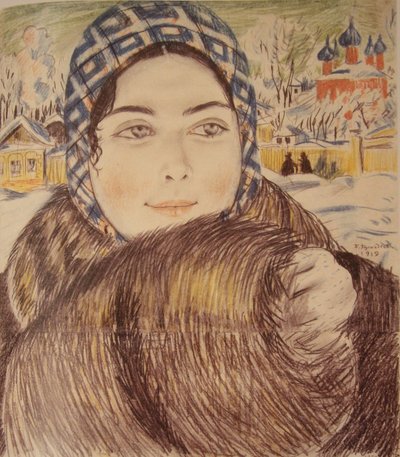 Esposa de un joven comerciante con un pañuelo a cuadros, 1919 de Boris Mikhailovich Kustodiev
