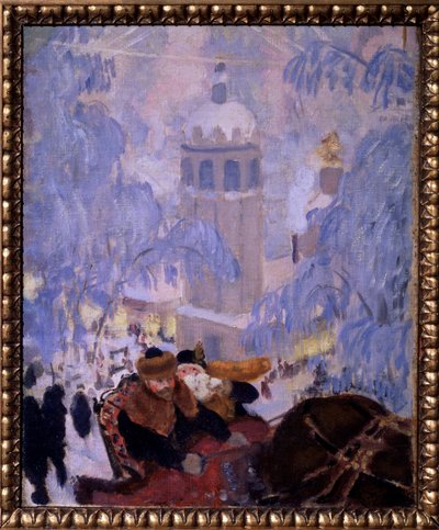 Autorretrato con su esposa. Representado en un trineo tirado por caballos, saliendo de un pueblo con los tejados cubiertos de nieve. Pintura de Boris Michaylovich Kustodiev (Kustodiev) (1878-1927), óleo sobre lienzo de Boris Mikhailovich Kustodiev
