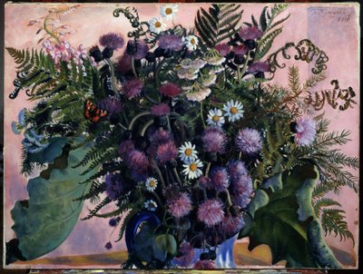 Ramo de flores finlandesas. (Ramo finlandés de flores). Pintura de Boris Michaylovich Kustodiev (Kustodiev) (1878-1927), óleo sobre lienzo de Boris Mikhailovich Kustodiev