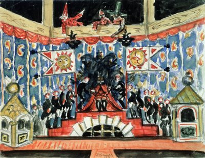 Decor preparatoire pour la piece la puce de Evgueni (Ievgueni, Eugene, Evgeni) Zamiatine (1884-1937) (Escenografía para la obra La pulga de E. Zamyatin). Obra de Boris Michaylovich Kustodiev (Koustodiev) (1878-1927), témpera sobre madera de Boris Mikhailovich Kustodiev
