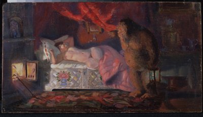 Domovoy espiando a la esposa del comerciante durmiente. Domovoy, un personaje de los cuentos populares rusos, es el protector del hogar y la familia y es un personaje benévolo y cálido. de Boris Mikhailovich Kustodiev