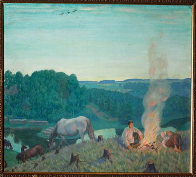 Fogata (Hoguera). Paisaje en una tarde de verano, los jóvenes descansan alrededor de un fuego de leña, en la orilla de un río. A su alrededor, el silencio, la serenidad y los caballos pastan apaciblemente. Pintura de Boris Michaylovich Kustodiev (Kustodiev de Boris Mikhailovich Kustodiev