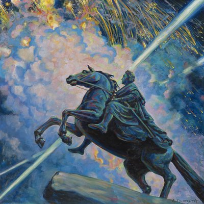 Fuegos artificiales. El jinete de bronce de Boris Mikhailovich Kustodiev
