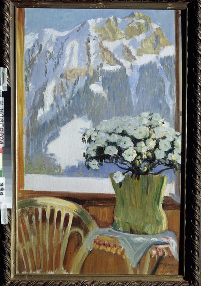 Flores en el Balcón con Vista a las Montañas. Pintura de Boris Michaylovich Kustodiev (Kustodiev) (1878-1927), óleo sobre lienzo de Boris Mikhailovich Kustodiev