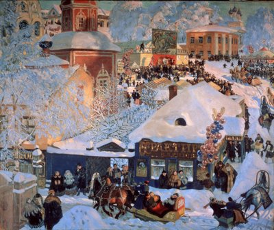 Invierno, Mardi Gras (Invierno, Schrovetide). Fiestas tradicionales en las calles nevadas de un pueblo de provincia. Además de la descripción de los edificios de la ciudad, los grupos de globos, un carrusel, los escaparates de las tabernas y los trineos ti de Boris Mikhailovich Kustodiev