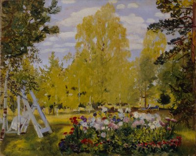 Paisaje con un macizo de flores de Boris Mikhailovich Kustodiev
