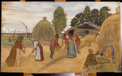 La trilla de la cosecha con el mayal (Trilla) - Obra de Boris Michaylovich Kustodiev (Koustodiev) (1878-1927), pastel sobre cartón, 59x100 cm de Boris Mikhailovich Kustodiev