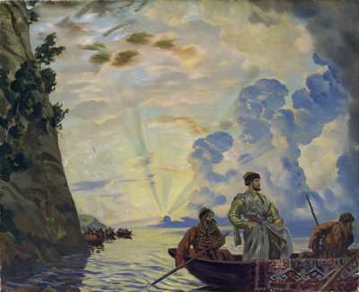 El líder cosaco Stepan (Stenka) Timofeevich Razin (1630-1671) en un barco. Lideró un levantamiento contra la nobleza y la burocracia zarista en el sur de Rusia (Stepan Razin). Pintura de Boris Michaylovich Kustodiev (Kustodiev) (1878-192) de Boris Mikhailovich Kustodiev