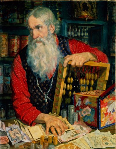 El comerciante (viejo con dinero y un ábaco). Pintura de Boris Michaylovich Kustodiev (Kustodiev) (1878-1927), óleo sobre lienzo de Boris Mikhailovich Kustodiev