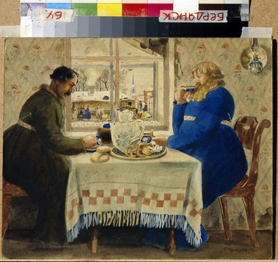 Los Cocheros. Dos hombres en la mesa comen pasteles y panecillos mientras beben té. A través de la ventana, las yuntas y los trineos se alinean en el patio. Obra de Boris Michaylovich Kustodiev (Kustodiev) (1878-1927), acuarela s de Boris Mikhailovich Kustodiev