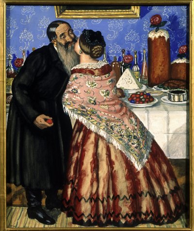 Saludos pascuales (una pareja se besa cerca de la mesa con la comida de Pascua) (El saludo pascual) - Pintura de Boris Michaylovich Kustodiev (1878-1927), témpera sobre cartón de Boris Mikhailovich Kustodiev