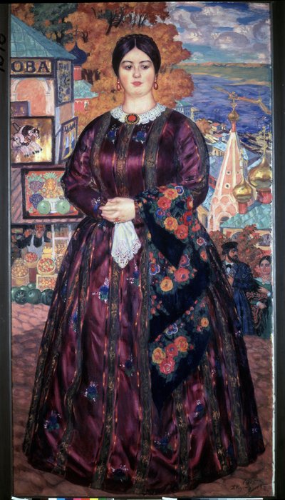 Mujer comerciante. Retrato de cuerpo entero de una mujer vestida con un rico vestido floreado, que lleva un broche, un anillo y un pendiente, de pie frente a los escaparates pintados de una tienda de frutas y verduras. Pintura de Boris Michaylovich Kustodi de Boris Mikhailovich Kustodiev