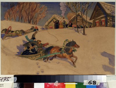 Mardi Gras (Carnaval). Niños felices giran en trineos tirados por caballos, sobre la nieve, frente al pueblo con las casas de madera. Los adultos reunidos los saludan. Obra de Boris Michaylovich Kustodiev (Koustodiev) (1878-1927), acuarela de Boris Mikhailovich Kustodiev