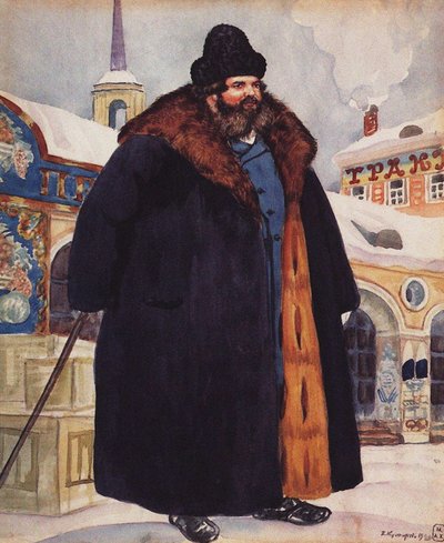 Comerciante con un abrigo de piel, 1920 de Boris Mikhailovich Kustodiev
