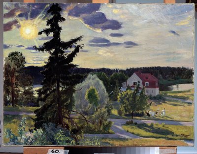 Paisaje de la tarde. Un grupo de niños juega con una pelota en el césped frente a una casa. Pintura de Boris Michaylovich Kustodiev (Kustodiev) (1878-1927), óleo sobre lienzo de Boris Mikhailovich Kustodiev