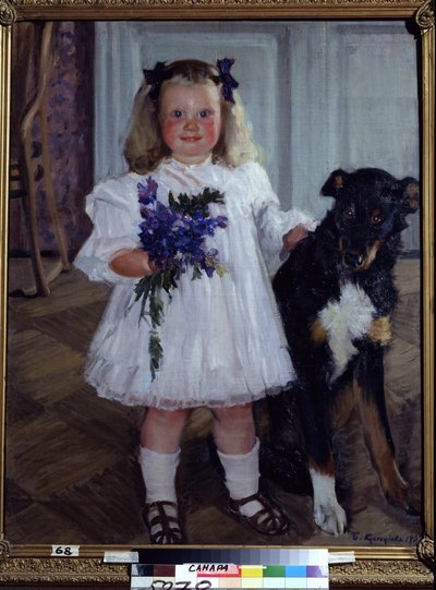 Retrato De La Hija Irina Con El Perro Shumka. Pintura de Boris Michaylovich Kustodiev (Kustodiev) (1878-1927), óleo sobre lienzo de Boris Mikhailovich Kustodiev