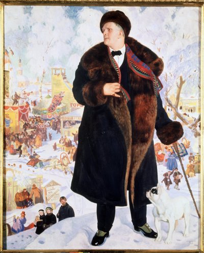 Retrato del cantante Feodor (Fiodor, Fedor) I. Chaliapin (Chaliapin) (1873-1938) (Retrato del cantante F.I.Shalyapin). Con abrigo de piel y gorro, acompañado de un bulldog que lo mira fijamente, el cantante se yergue orgulloso frente a las animaciones de u de Boris Mikhailovich Kustodiev