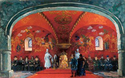 Representación de Boris Fyodorovich Godunov (1551-1605), Zar de Rusia, Decorado para la obra de teatro "Boris Godunov" de Alexander Sergeyevich Pushkin de Boris Mikhailovich Kustodiev
