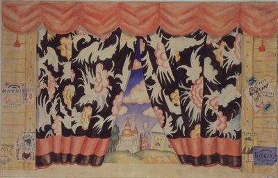 Boceto de cortina para la obra de teatro La pulga de E. Zamyatin, 1925-1926 de Boris Mikhailovich Kustodiev