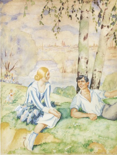 Primavera en la orilla del río, 1927 de Boris Mikhailovich Kustodiev
