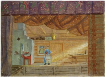 Diseño de escenario para la obra Virineya de Lidia Seyfullina, 1925 de Boris Mikhailovich Kustodiev