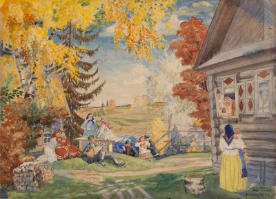 Diseño de escenario para la obra de teatro Mujeres campesinas de Alexander Neverov de Boris Mikhailovich Kustodiev
