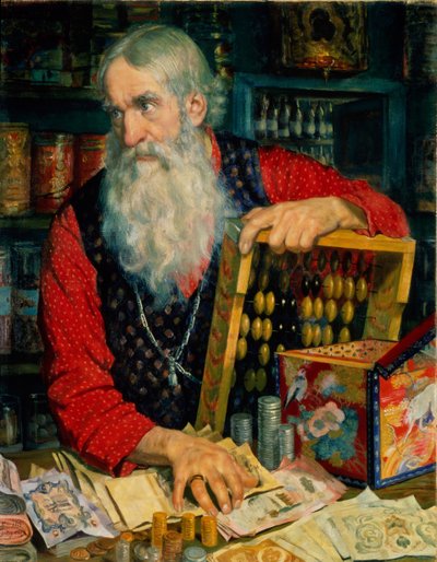 El viejo comerciante con dinero de Boris Mikhailovich Kustodiev