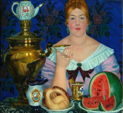 La esposa del comerciante bebiendo té, 1923 de Boris Mikhailovich Kustodiev