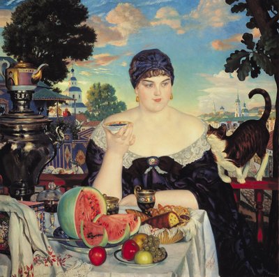 La esposa del comerciante tomando té de Boris Mikhailovich Kustodiev